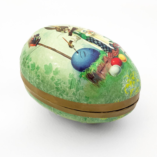 4-1/2" Green Papier Mache Easter Egg Container with Vintage Artist Bunny and Eggs ~ Germany